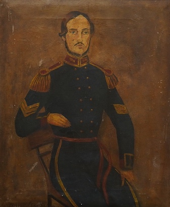 David Lee, naive oil on canvas, Portrait of a soldier wearing military dress, 61 x 50cm, signed and dated 1852, housed in a maple frame. Condition - fair, some scuffing throughout